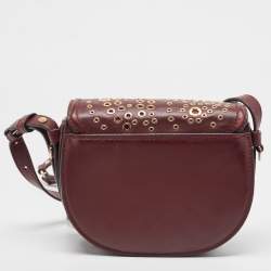 Pre Owned MICHAEL KORS Burgundy Leather Eyelet Embellished Flap Crossbody Bag