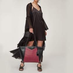 Pre Owned Michael Kors Black Pink Checkboard Logo Leather Large Whitney Tote