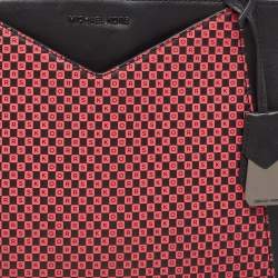 Pre Owned Michael Kors Black Pink Checkboard Logo Leather Large Whitney Tote