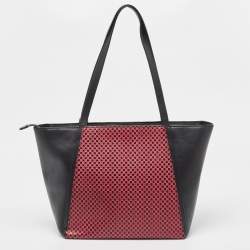 Pre Owned Michael Kors Black Pink Checkboard Logo Leather Large Whitney Tote