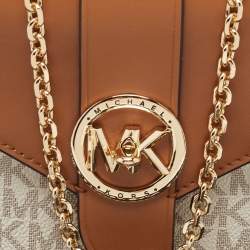Pre Owned Michael Kors Brown/Off White Signature Coated Canvas and Leather Carmen Phone Crossbody Bag