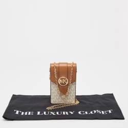 Pre Owned Michael Kors Brown/Off White Signature Coated Canvas and Leather Carmen Phone Crossbody Bag