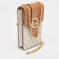 Pre Owned Michael Kors Brown/Off White Signature Coated Canvas and Leather Carmen Phone Crossbody Bag