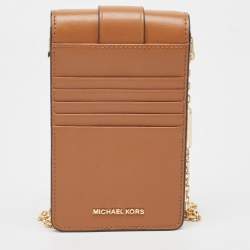 Pre Owned Michael Kors Brown/Off White Signature Coated Canvas and Leather Carmen Phone Crossbody Bag