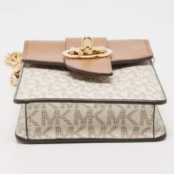 Pre Owned Michael Kors Brown/Off White Signature Coated Canvas and Leather Carmen Phone Crossbody Bag