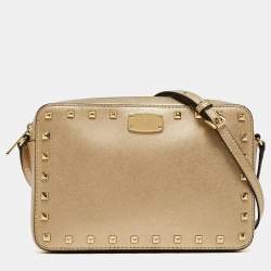 Pre Owned Michael Kors Gold Leather Studded Camera Crossbody Bag