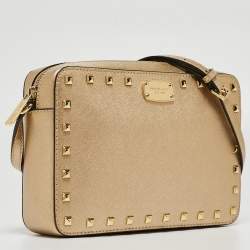 Pre Owned Michael Kors Gold Leather Studded Camera Crossbody Bag