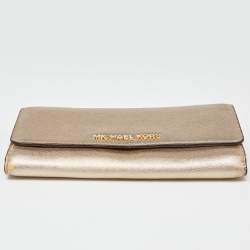 Michael Kors Gold Leather Jet Set Travel Wallet On Chain