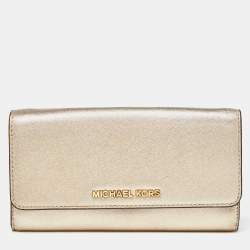 Michael Kors Gold Leather Jet Set Travel Wallet On Chain