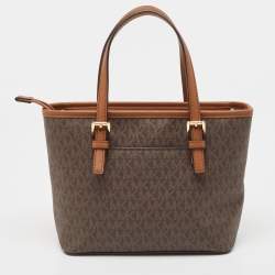 Pre Owned Michael Kors Brown Signature Coated Canvas and Leather Jet Set Carryall Tote