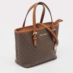 Pre Owned Michael Kors Brown Signature Coated Canvas and Leather Jet Set Carryall Tote