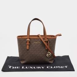 Pre Owned Michael Kors Brown Signature Coated Canvas and Leather Jet Set Carryall Tote