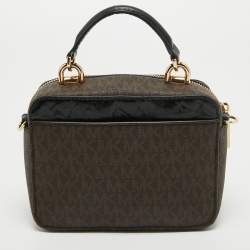 Pre Owned Michael Kors Brown/Black Signature Coated Canvas and Leather Top Handle Bag