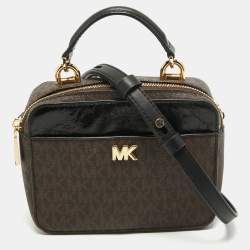 Pre Owned Michael Kors Brown/Black Signature Coated Canvas and Leather Top Handle Bag