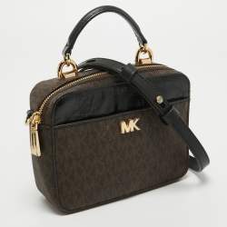 Pre Owned Michael Kors Brown/Black Signature Coated Canvas and Leather Top Handle Bag