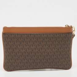 Michael Kors Brown/Tan Signature Coated Canvas Zip Wristlet Pouch