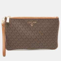 Michael Kors Brown/Tan Signature Coated Canvas Zip Wristlet Pouch