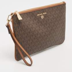 Michael Kors Brown/Tan Signature Coated Canvas Zip Wristlet Pouch