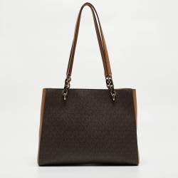 Pre Owned Michael Kors Tow Tone Brown Signature Coated Canvas and Faux Leather Large Sofia Tote