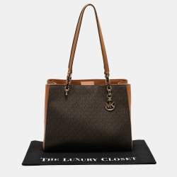 Pre Owned Michael Kors Tow Tone Brown Signature Coated Canvas and Faux Leather Large Sofia Tote