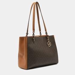 Pre Owned Michael Kors Tow Tone Brown Signature Coated Canvas and Faux Leather Large Sofia Tote