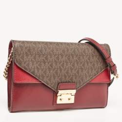 Pre Owned Michael Kors Burgundy/Brown Signature Coated Canvas and Leather Chain Clutch