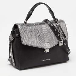 Michael Kors Black/Silver Leather and Snakeskin Embossed Leather Medium Bristol Top Handle Bag