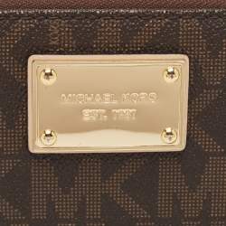 Pre Owned Michael Kors Brown Signature Coated Canvas Logo Zip Around Wallet