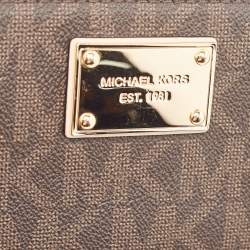 Pre Owned Michael Kors Brown Signature Coated Canvas Logo Zip Around Wallet