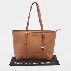 Pre Owned Michael Kors Brown Saffiano Leather Jet Set Travel Tote  