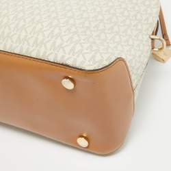 Pre Owned Michael Kors Brown/White Signature Coated Canvas Veronica Dome Satchel