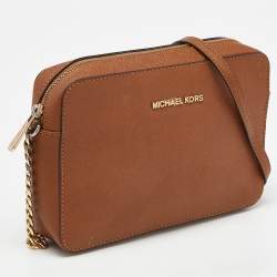 Pre Owned Michael Kors Brown Leather Large East West Jet Set Crossbody Bag