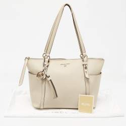 Michael Kors Light Beige Leather Medium Top Zip Jet Set Tote