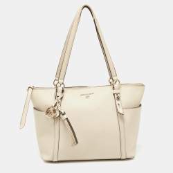 Michael Kors Light Beige Leather Medium Top Zip Jet Set Tote