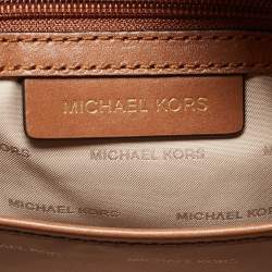 Pre Owned Michael Kors Brown/Beige Signature Coated Canvas Medium Floral Applique Mercer Duffle Bag