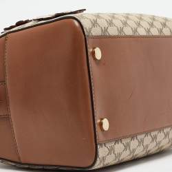 Pre Owned Michael Kors Brown/Beige Signature Coated Canvas Medium Floral Applique Mercer Duffle Bag