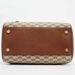 Pre Owned Michael Kors Brown/Beige Signature Coated Canvas Medium Floral Applique Mercer Duffle Bag