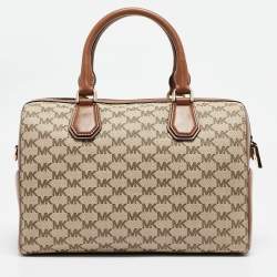 Pre Owned Michael Kors Brown/Beige Signature Coated Canvas Medium Floral Applique Mercer Duffle Bag