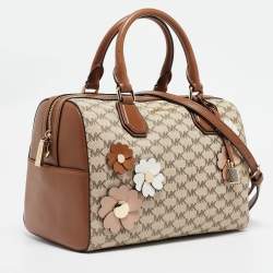 Pre Owned Michael Kors Brown/Beige Signature Coated Canvas Medium Floral Applique Mercer Duffle Bag