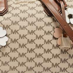 Pre Owned Michael Kors Brown/Beige Signature Coated Canvas Medium Floral Applique Mercer Duffle Bag