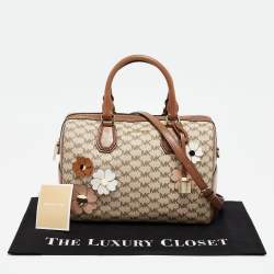 Pre Owned Michael Kors Brown/Beige Signature Coated Canvas Medium Floral Applique Mercer Duffle Bag