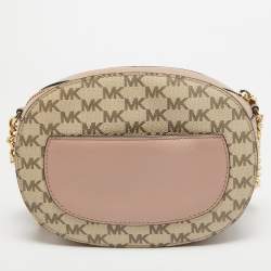 Pre Owned Michael Kors Old Rose/Beige Signature Coated Canvas and Leather Floral Applique Ginny Crossbody Bag