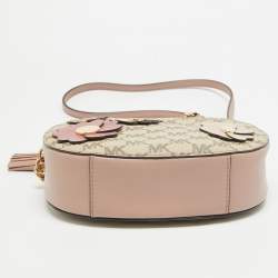 Pre Owned Michael Kors Old Rose/Beige Signature Coated Canvas and Leather Floral Applique Ginny Crossbody Bag