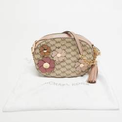 Pre Owned Michael Kors Old Rose/Beige Signature Coated Canvas and Leather Floral Applique Ginny Crossbody Bag