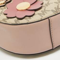 Pre Owned Michael Kors Old Rose/Beige Signature Coated Canvas and Leather Floral Applique Ginny Crossbody Bag