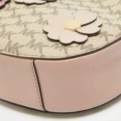 Pre Owned Michael Kors Old Rose/Beige Signature Coated Canvas and Leather Floral Applique Ginny Crossbody Bag