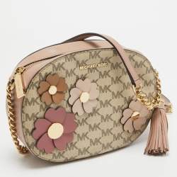 Pre Owned Michael Kors Old Rose/Beige Signature Coated Canvas and Leather Floral Applique Ginny Crossbody Bag