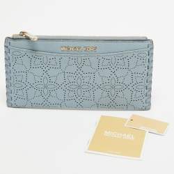 Pre Owned Michael Kors Light Blue Leather Lasercut Karson Slim Card Case