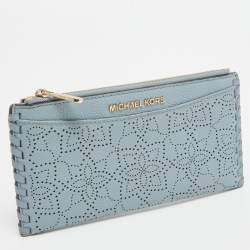 Pre Owned Michael Kors Light Blue Leather Lasercut Karson Slim Card Case