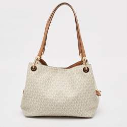 Pre Owned Michael Kors White/Brown Signature Coated Canvas and Leather Raven Shoulder Bag